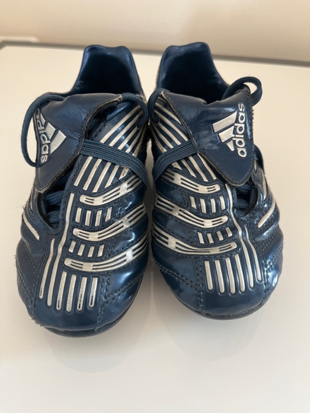 adidas Kids Navy Blue Soccer Sneakers with Silver Accents